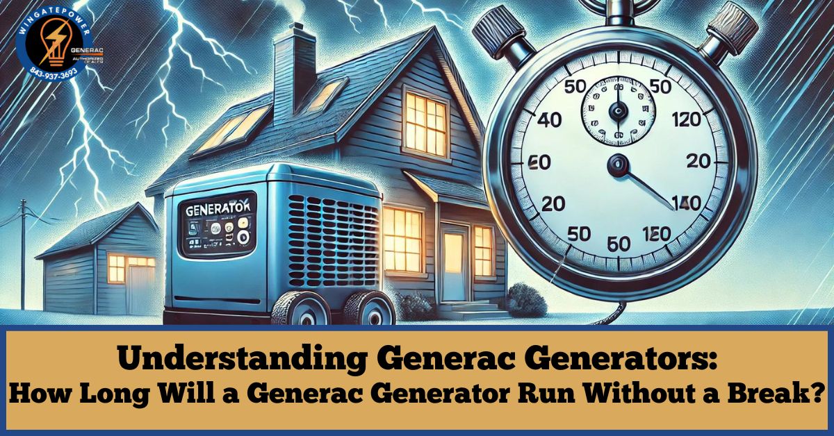 how long will generac generator run without a break outside home with stopwatch next to house in storm